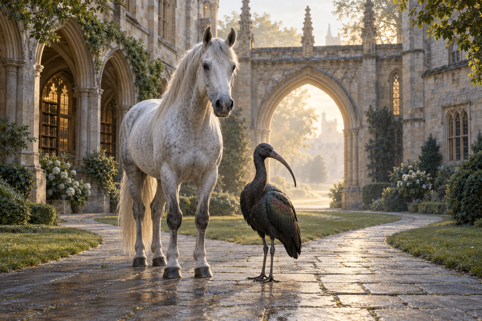 An ivory-grey horse and iridescent ibis stand together in a quiet collegiate courtyard, where stone paths lead towards a sunlit Gothic arch.