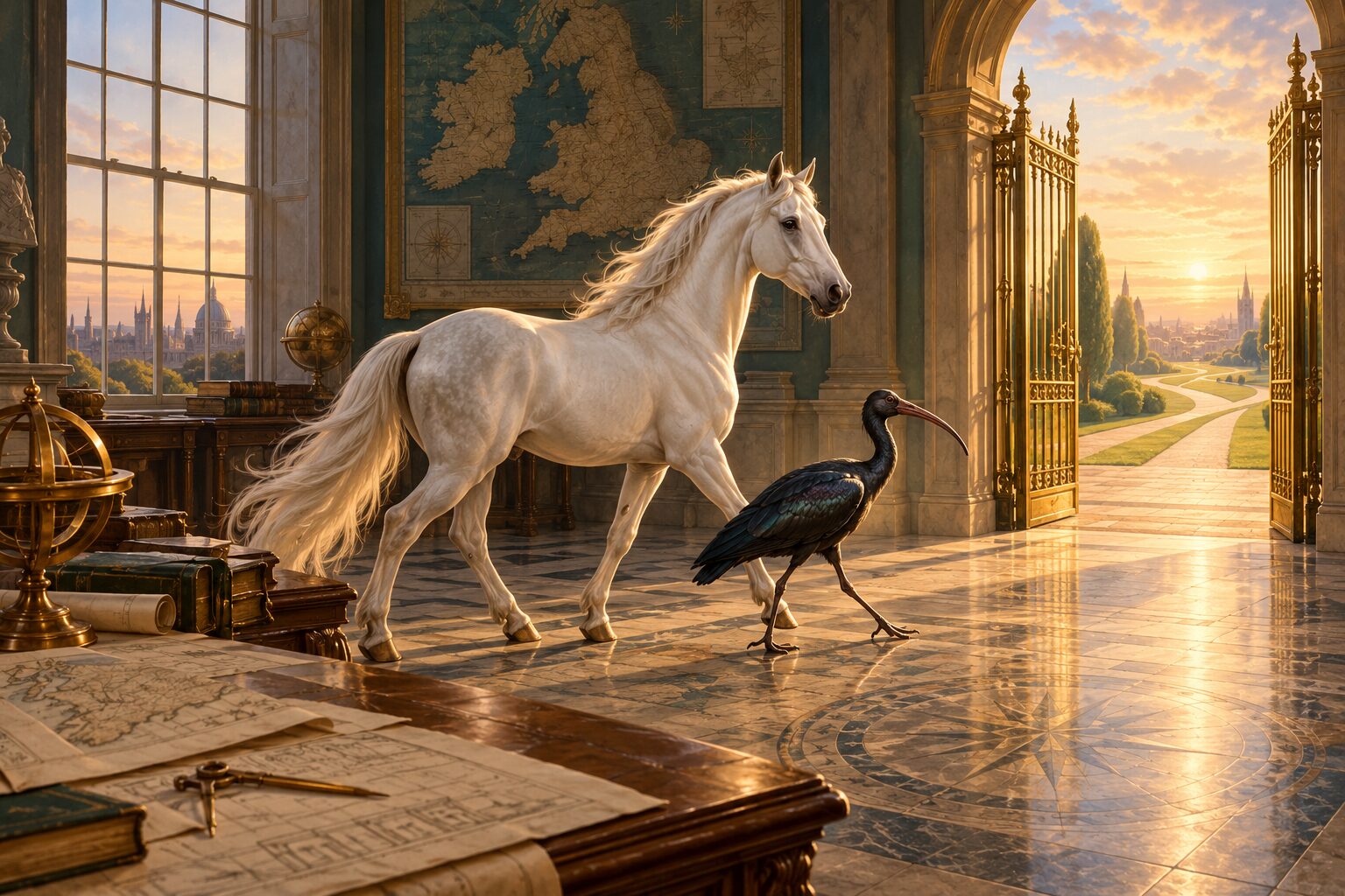 An ivory horse and glossy black ibis cross an elegant Georgian map room at dawn, approaching an open brass gate and several clearly lit pathways.