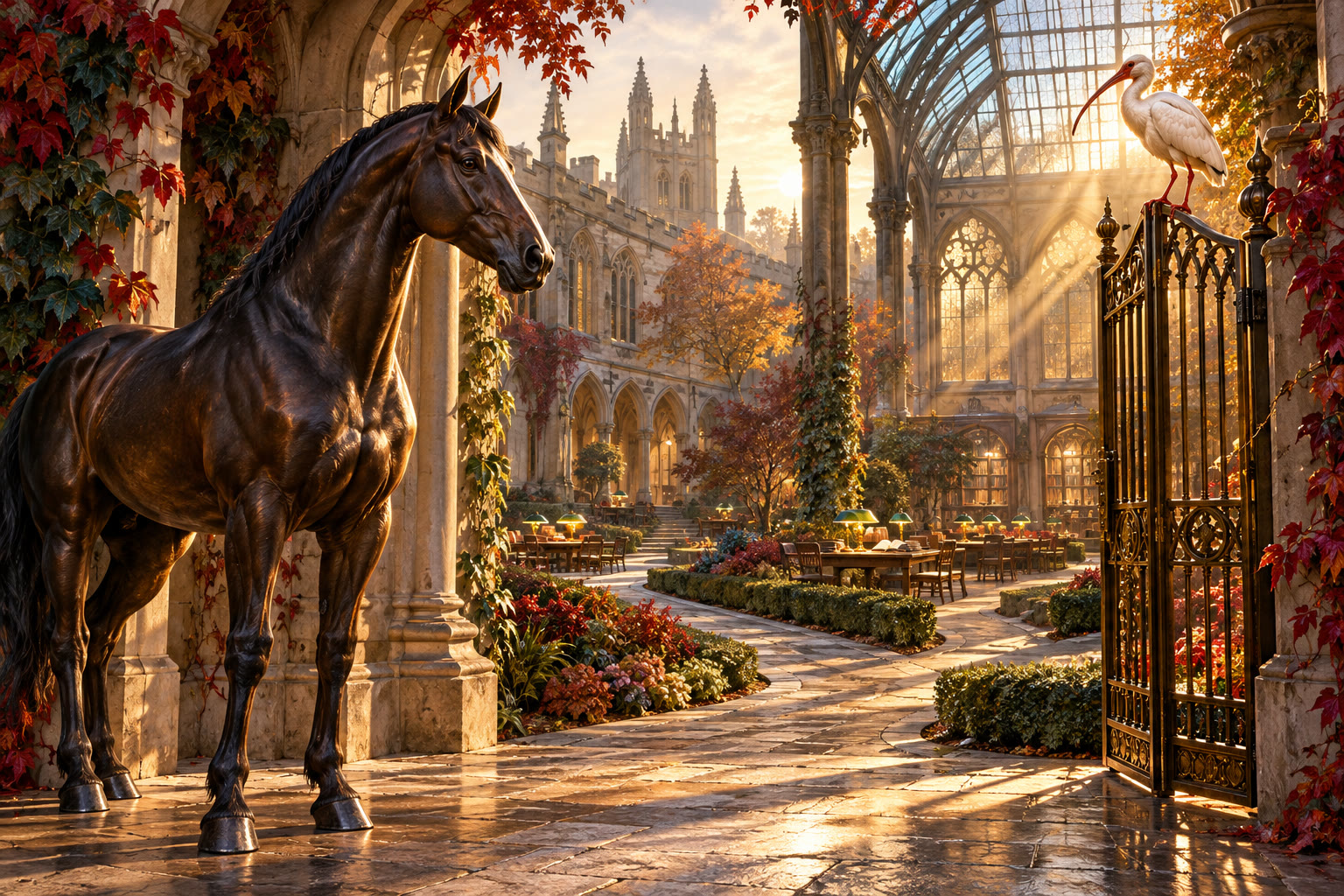 A dark bronze horse stands at the threshold of an autumnal collegiate cloister while a white ibis perches on an open brass gate in the morning light.