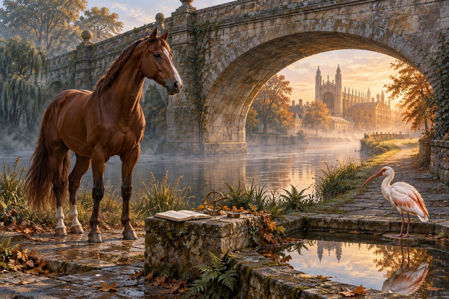 A chestnut horse and white ibis stand beside a misty English river, with an open notebook and brass survey instrument beneath a stone bridge leading towards a sunlit collegiate hall.