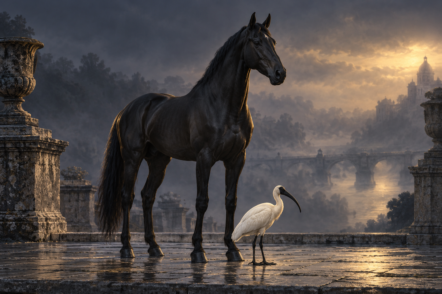 A dignified black horse and an ivory ibis on a stone terrace overlooking an imagined monumental bridge.