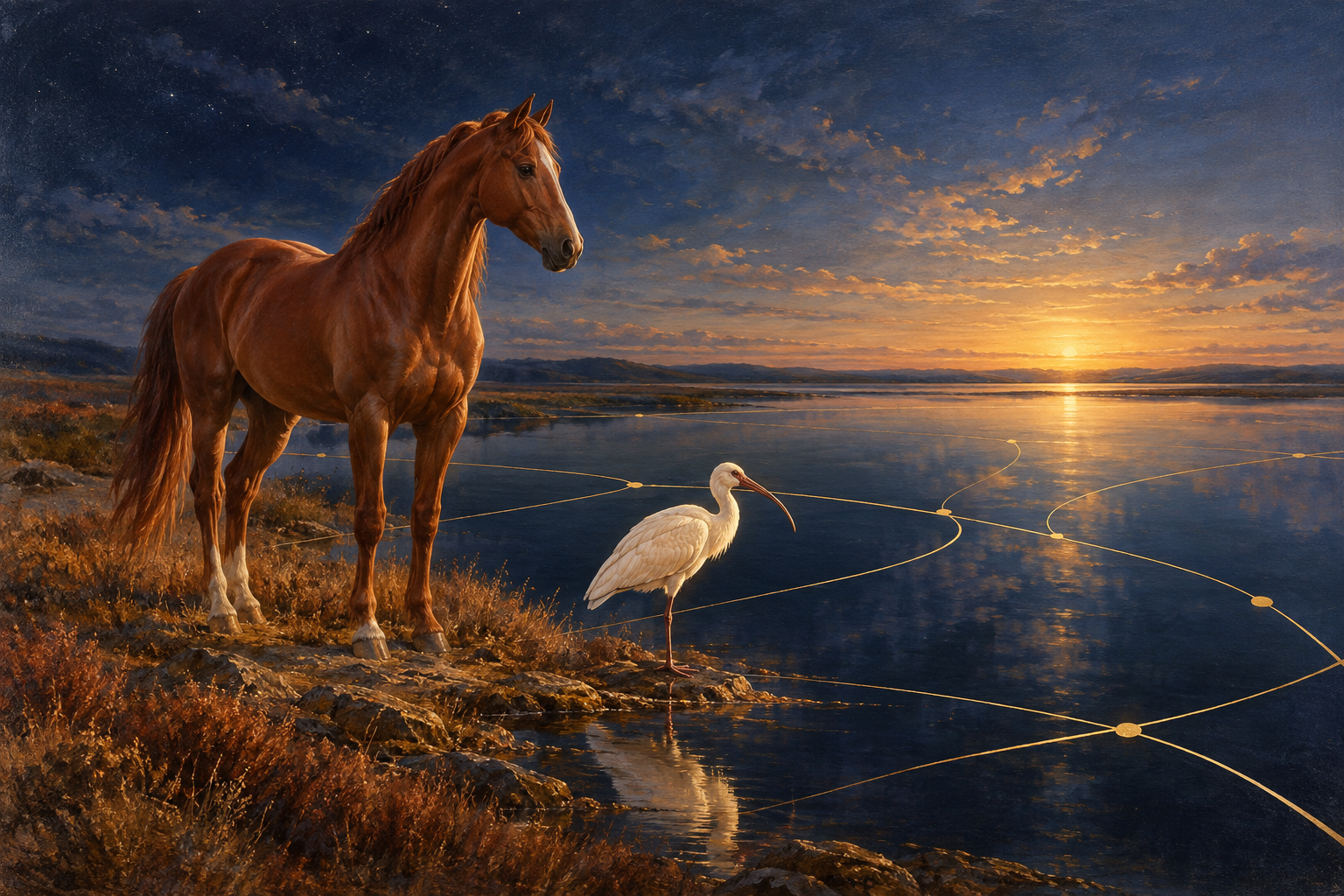 A chestnut horse and ivory ibis beside midnight-blue water at dawn, with fine golden paths symbolising connected decisions; original imagined artwork.