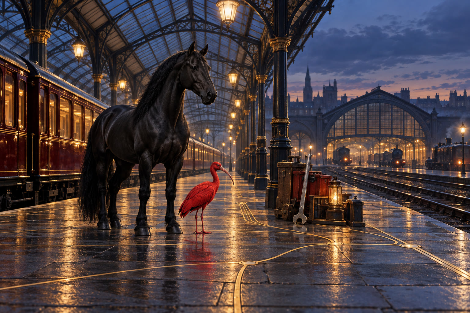 A midnight-black horse and scarlet ibis on an imagined Victorian railway platform, with fine golden lines linking train, track, depot and maintenance symbols; original symbolic artwork.