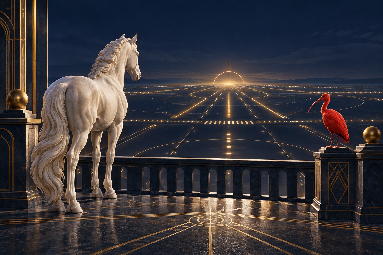 A sculptural white horse and scarlet ibis on an imagined midnight-blue Art Deco terrace overlooking an abstract golden runway; original symbolic artwork.
