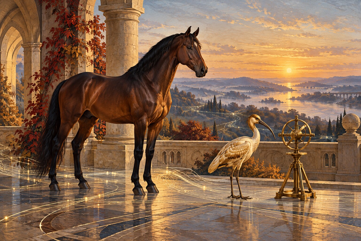 A dignified bay horse and pale-gold ibis on an imagined Georgian terrace crossed by luminous fibre-like lines at autumn dawn; original symbolic artwork.