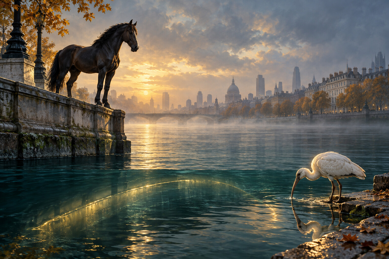 A near-black horse and an ivory ibis beside an imagined misty London river at sunrise, with a subtle golden tunnel arc beneath the water; original symbolic artwork.