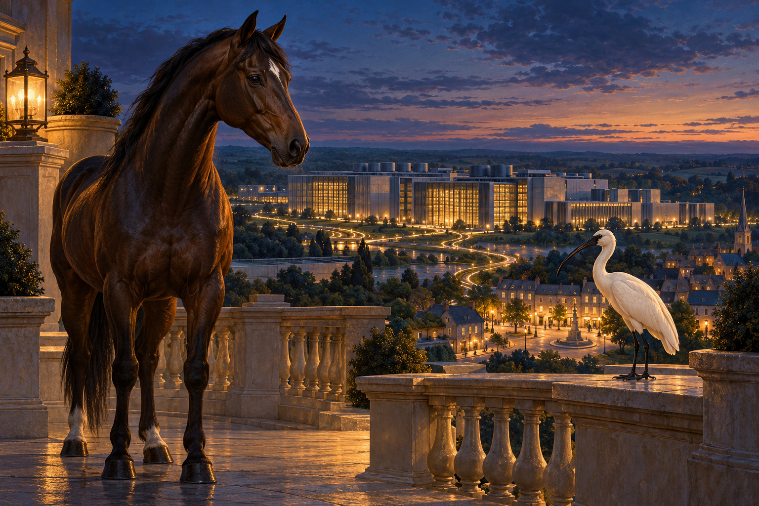 A dignified dark bay horse and ivory ibis on an imagined British civic terrace overlooking a luminous data-centre campus and town at blue hour; original symbolic artwork.