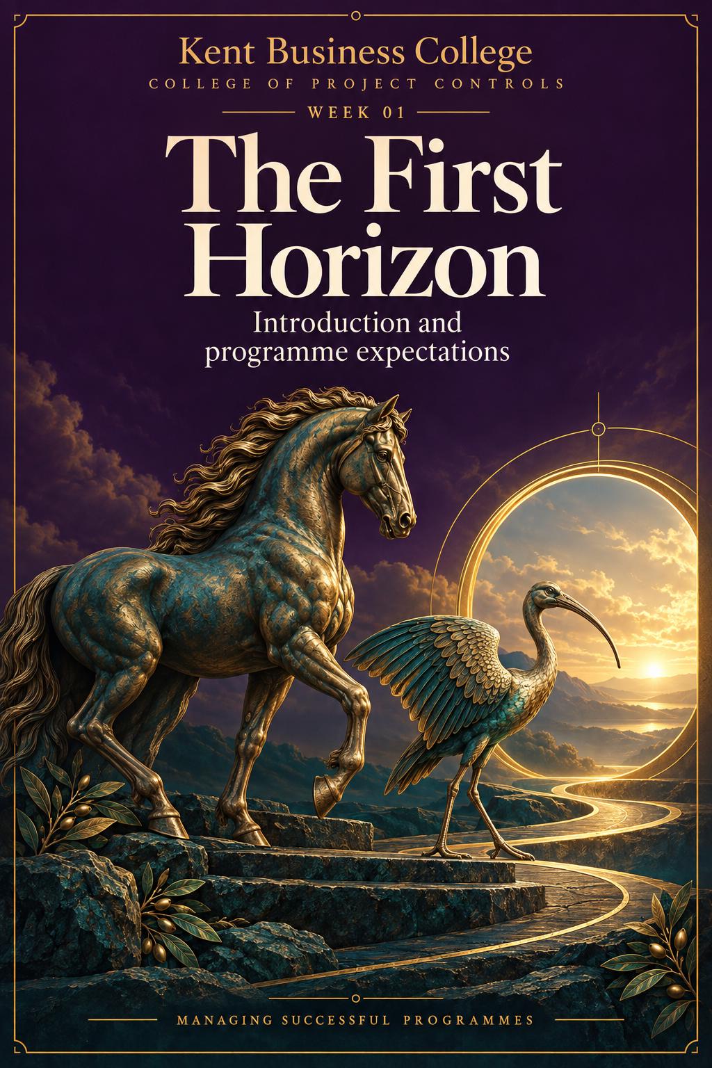 The First Horizon: a gold and teal horse and ibis beside a sunlit path, the Week 1 Kent Business College artwork