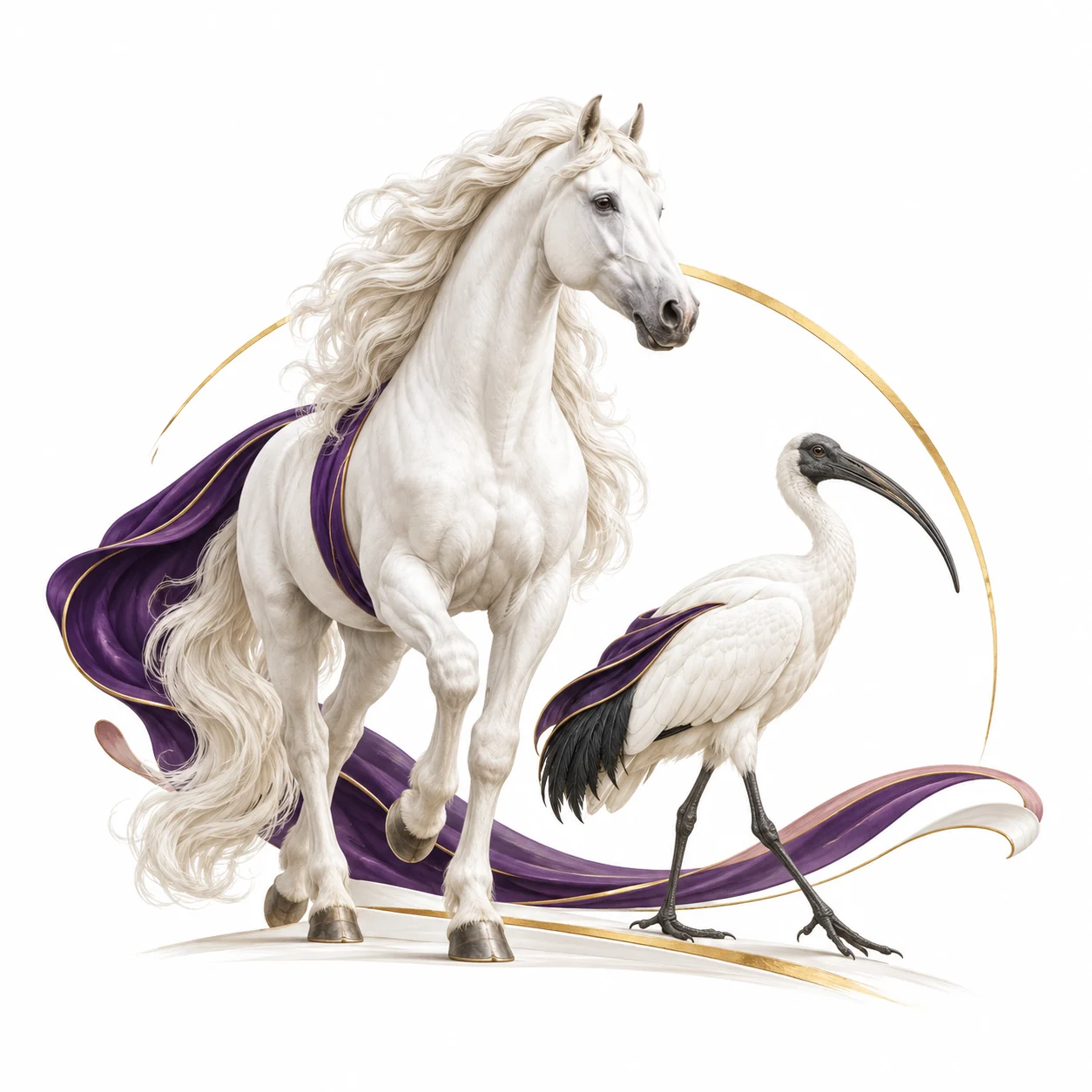 A white horse and ibis together within a purple and gold arc, symbolising strength, attentiveness and shared progress.