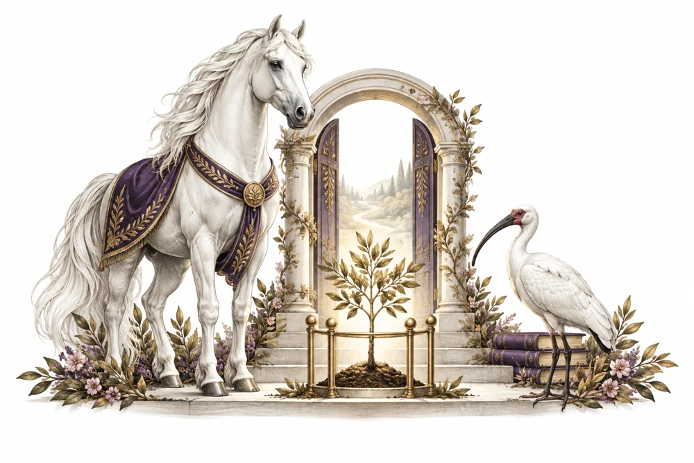 A white horse and ibis beside an open gold and purple gateway, symbolising strength, attentiveness and safe passage.